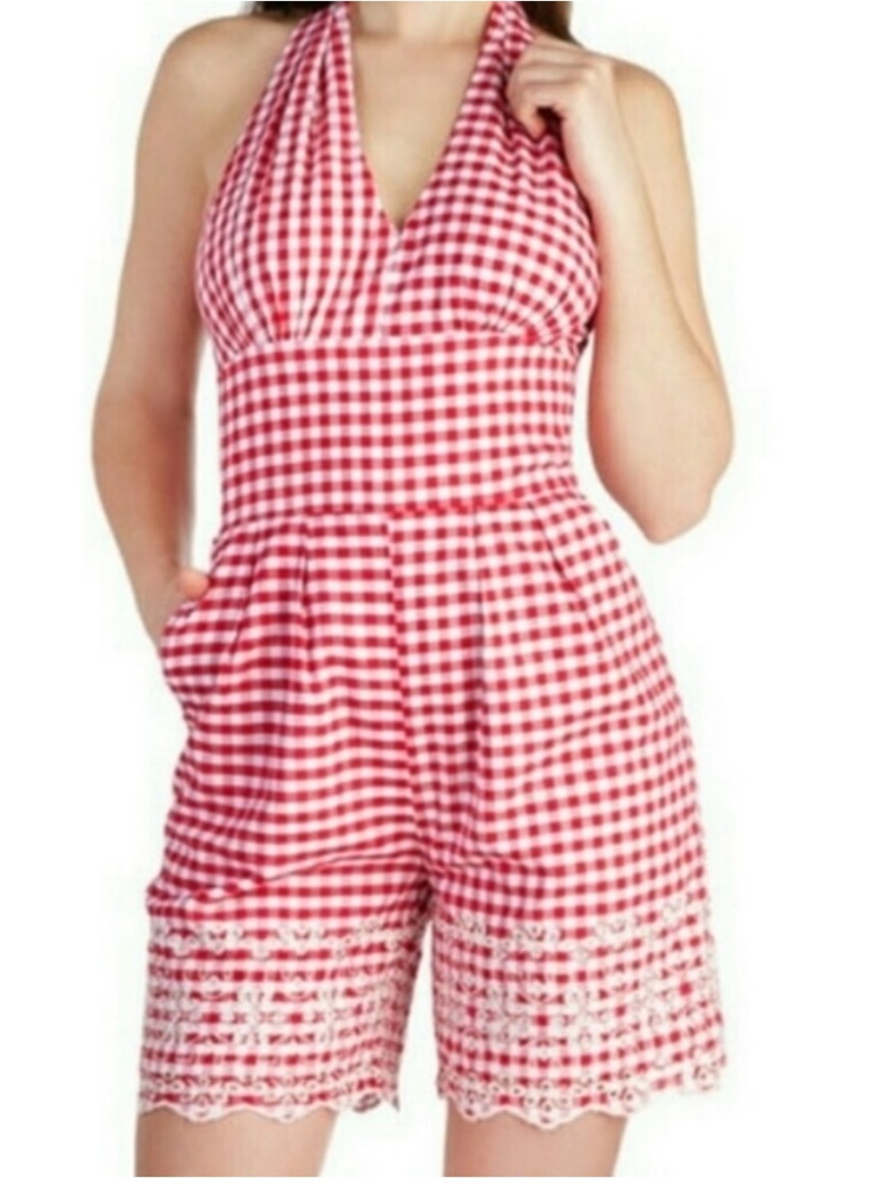 Bettie Page by Tatyana Take A Picnic Romper Red & White Checkered Halter XS